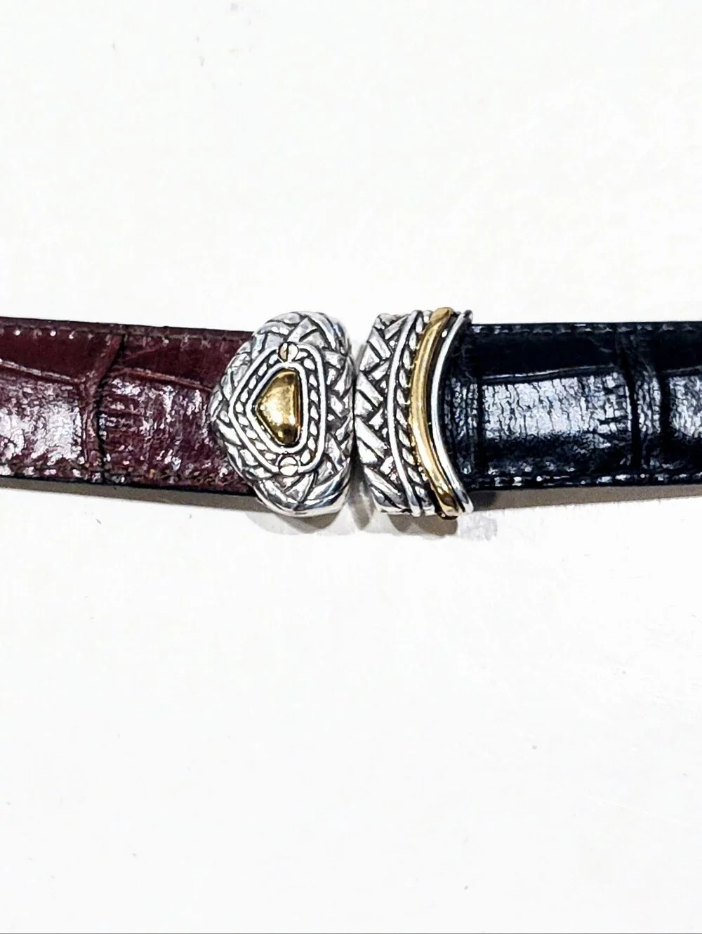 Reversible Leather Belt Black Brown Croc Embossed Two Tone Silver Gold Buckle 30